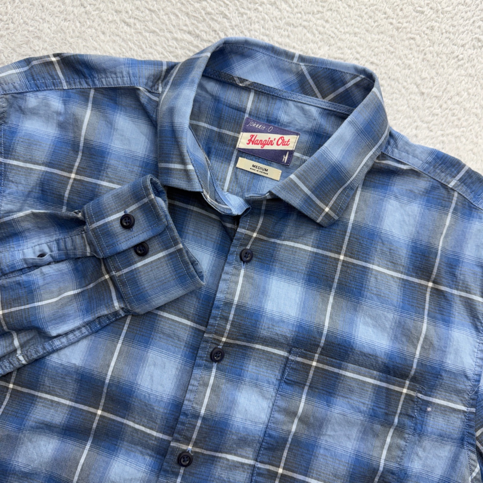 Johnnie-O Hangin' Out Mens M Blue Plaid Button Down Shirt Long Sleeve Cotton